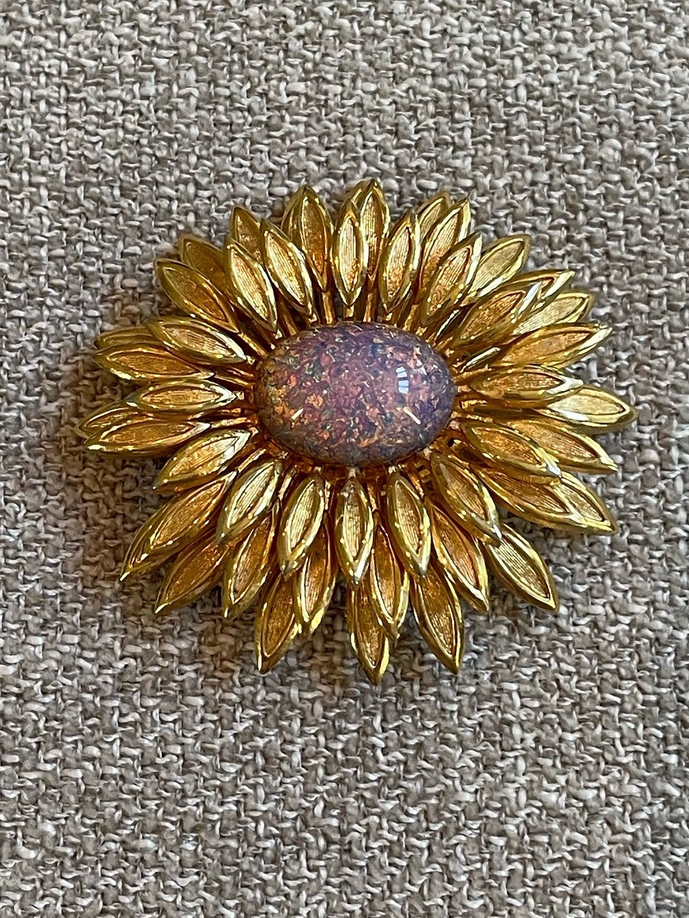 Vintage Gold Tone Sunflower Brooch with Large Oval Faux Opal Cabochon 60’s 70’s